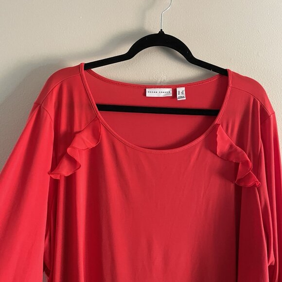 Susan Graver Women 3X Red Liquid Knit Tunic Top With Sheer Chiffon Bell Sleeves - Picture 5 of 11